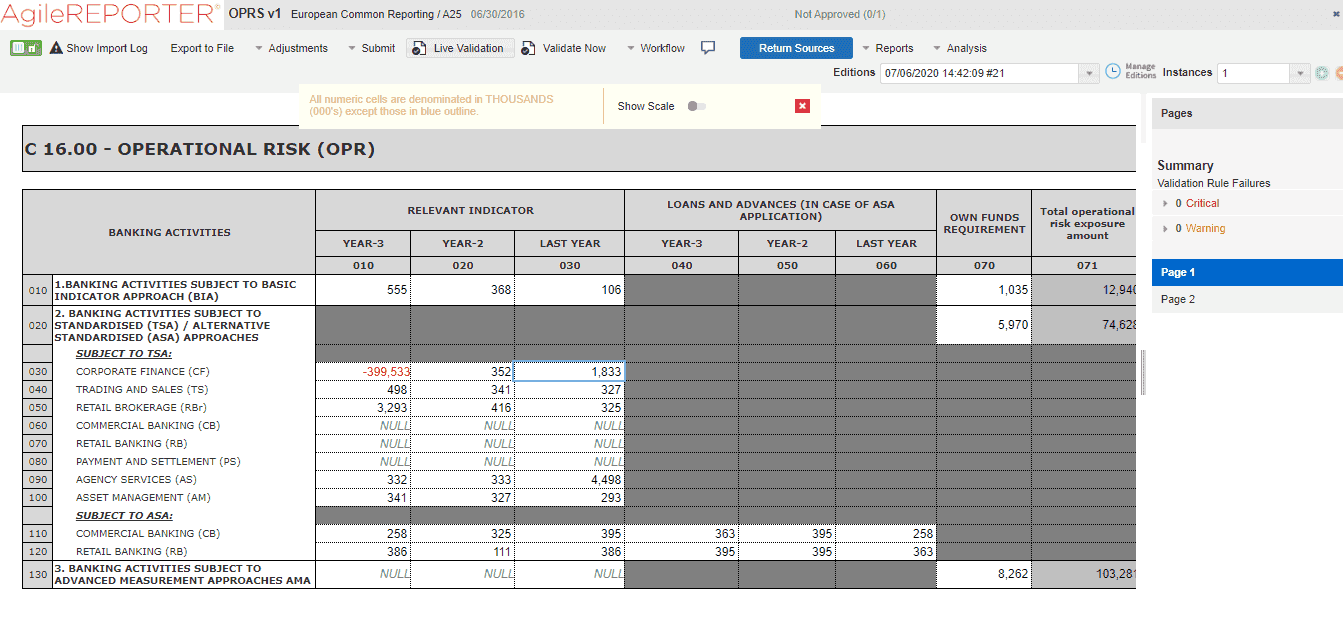 This illustration shows the Adjustment Feature page for the identified cell in AgileREPORTER. 