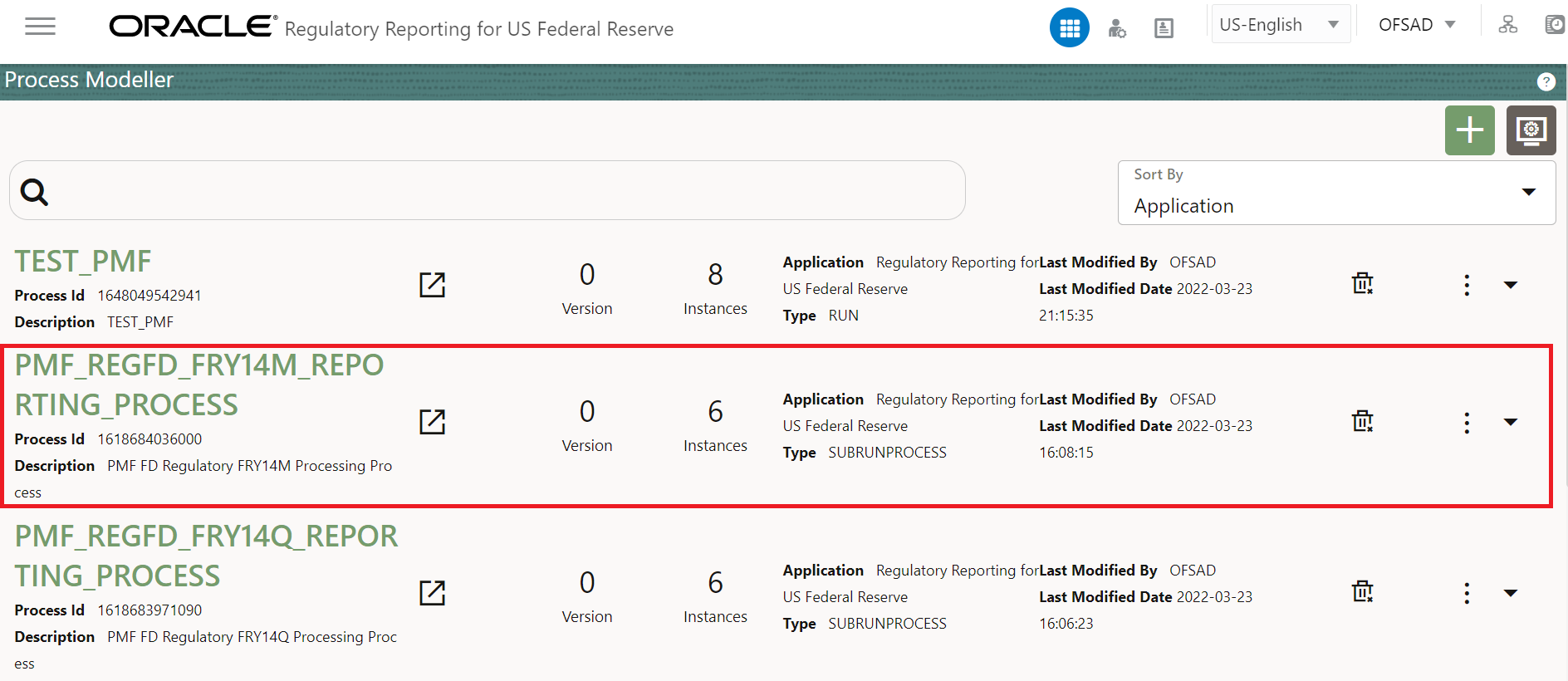 This illustration shows the list of runs whose run execution progress can be verified in the Process Modeler.