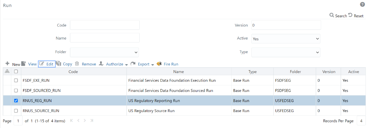 This illustration shows the selection of the USFED regulatory Reporting run from the run summary page.