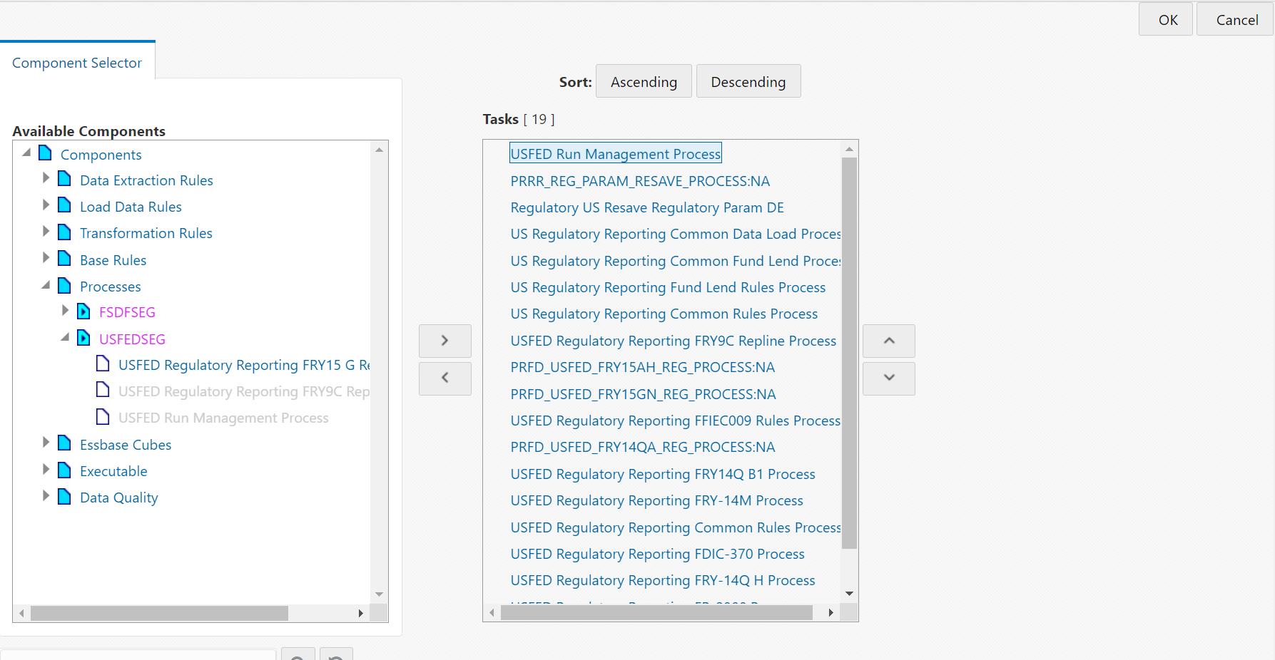 This illustration shows the component selector for the runs from the list of available components.