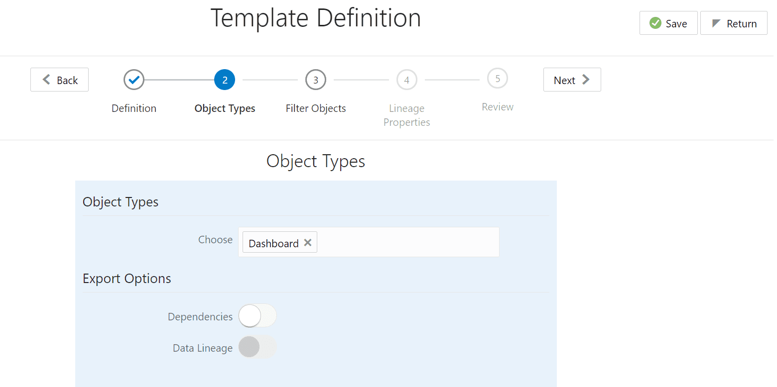 This illustration shows the Template Definition Report Export Options window to select the object types and the export option. 