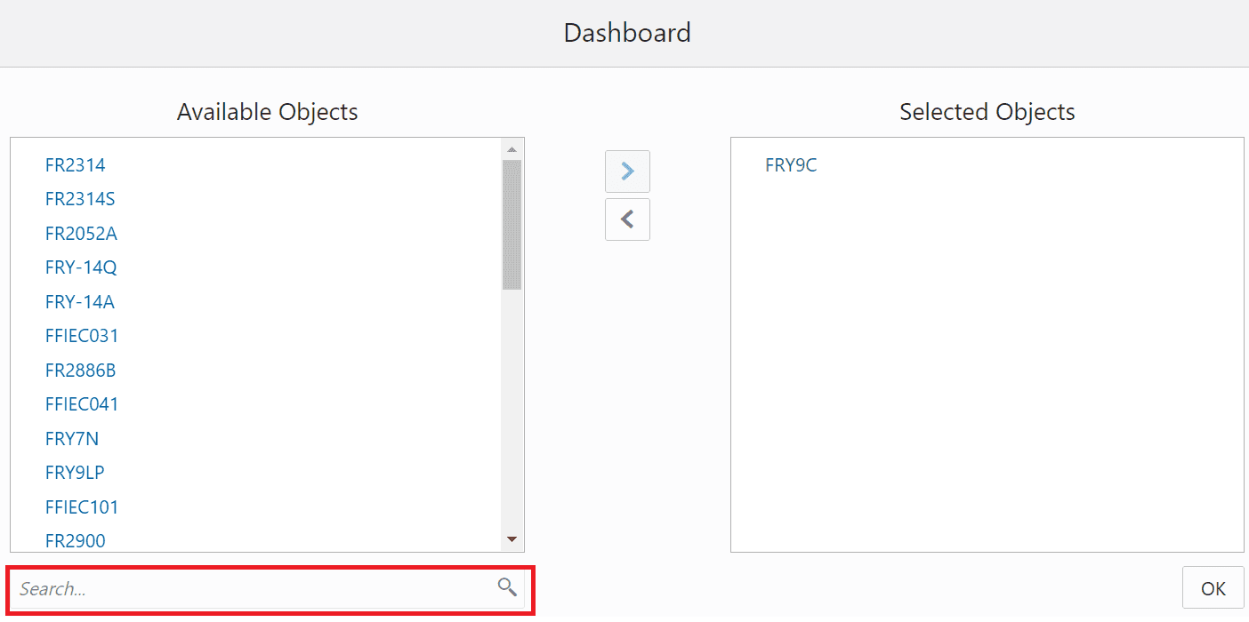 This illustration shows the available filter objects that can be selected, you can search for a specific filter object using the search pane, add the filter objects and click OK.