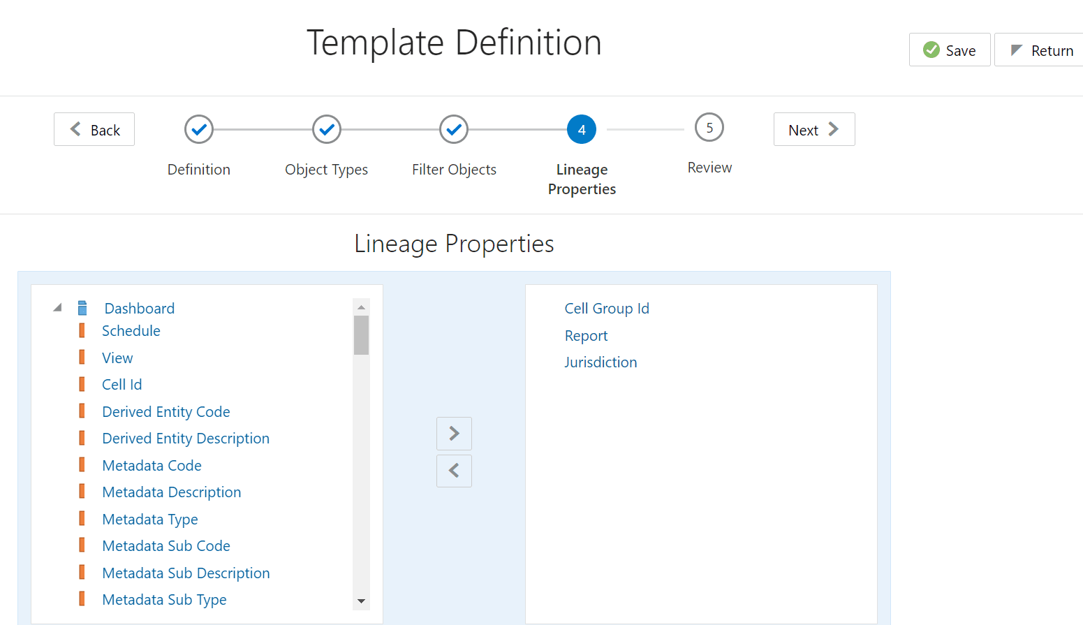 This illustration shows the list of available Lineage properties that can be selected, you can add the lineage properties using the remove icon and click Save.