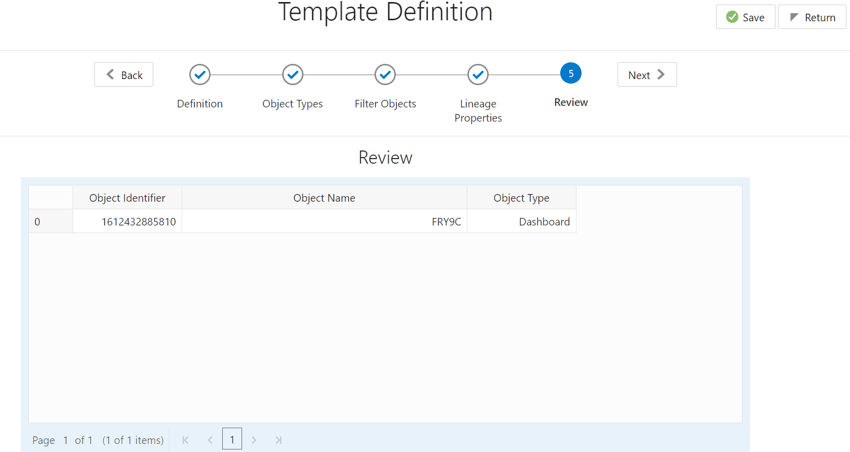 This illustration shows the saved template definition details.