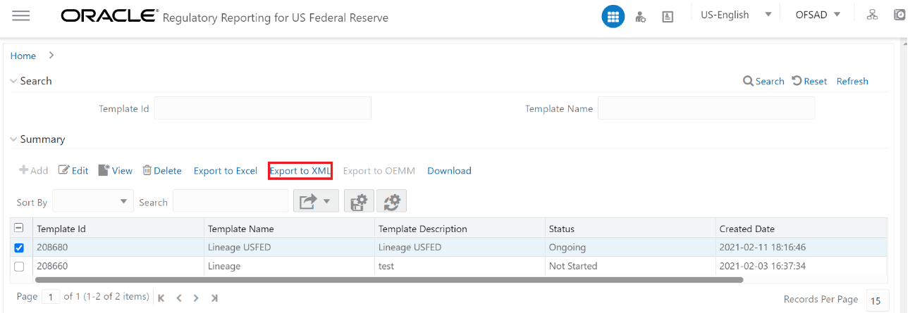 This illustration shows the Metadata Report Template details that can be exported to XML. You can select the required Template ID and click Export to XML.