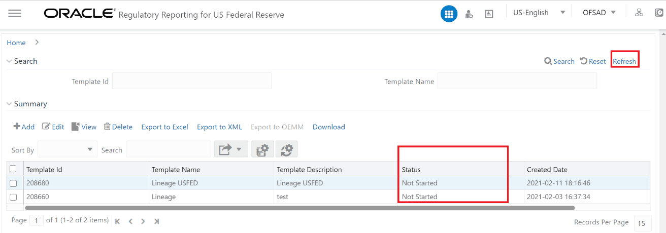 This illustration shows the exported template with the status values.