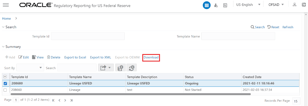 This illustration shows the list of available metadata report that can be downloaded. You can select the Template ID and click Download.