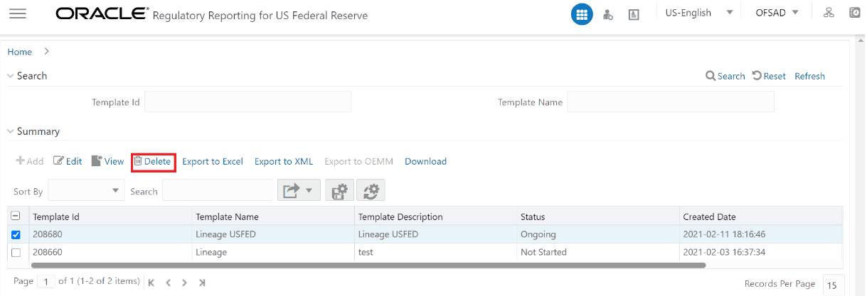 This illustration shows the metadata report template summary, you can select the template from the available list and click Delete.
