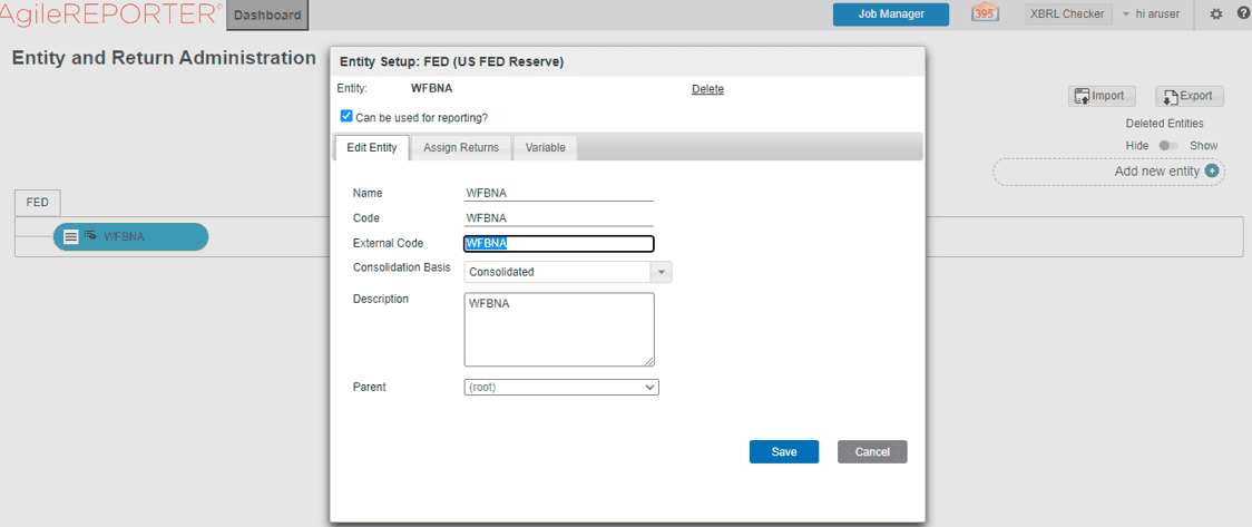 Description of the Entity Set-up Page This illustration shows the error based on the mismatch between External Code and the Code for Entity in AgileREPORTER.