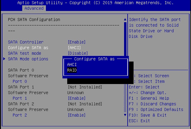 image:Image showing the PCH SATA Configuration BIOS Utility screen,                                 with RAID selected.