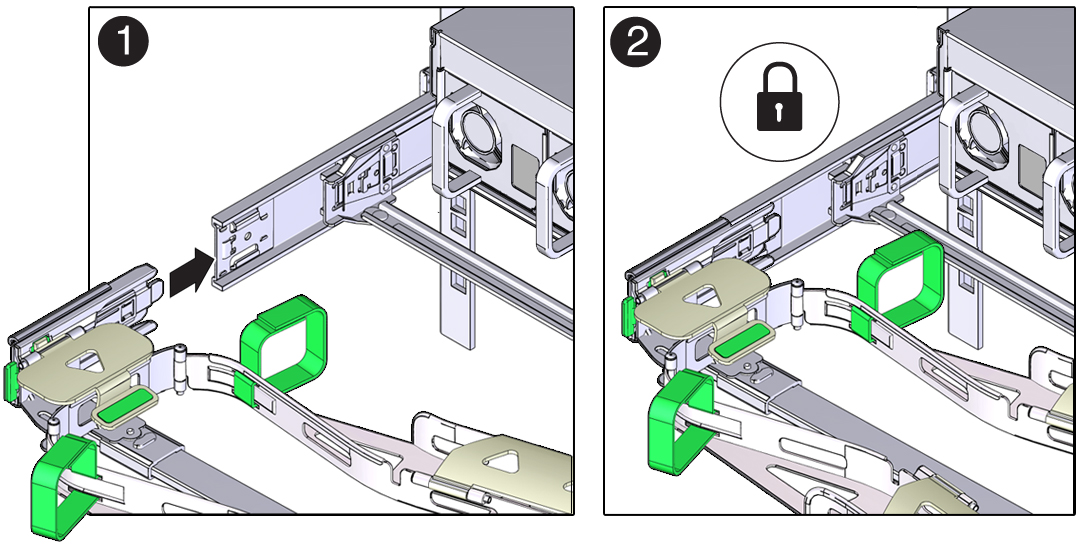 image:왼쪽 슬라이드 레일에 CMA의 커넥터 D 및 해당 래치 브래킷을 설치하는 방법을 보여주는 그림입니다.