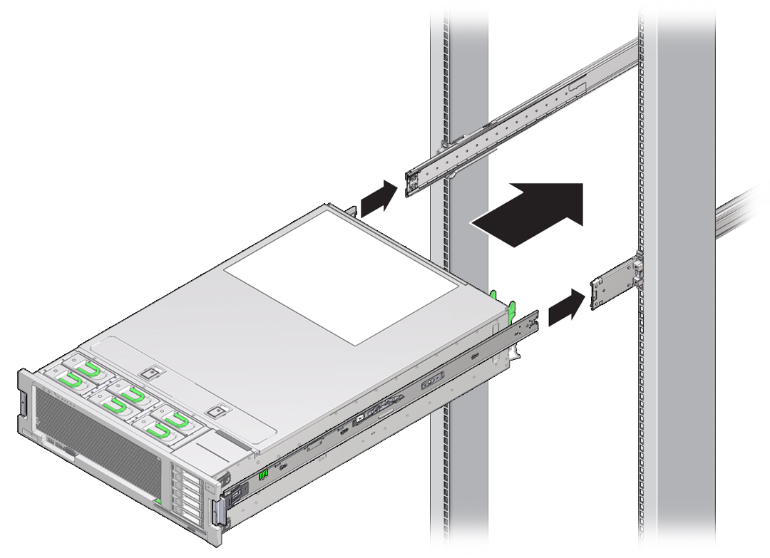 image:Illustration représentant le placement du serveur dans les rails coulissants à l'aide des supports de montage.