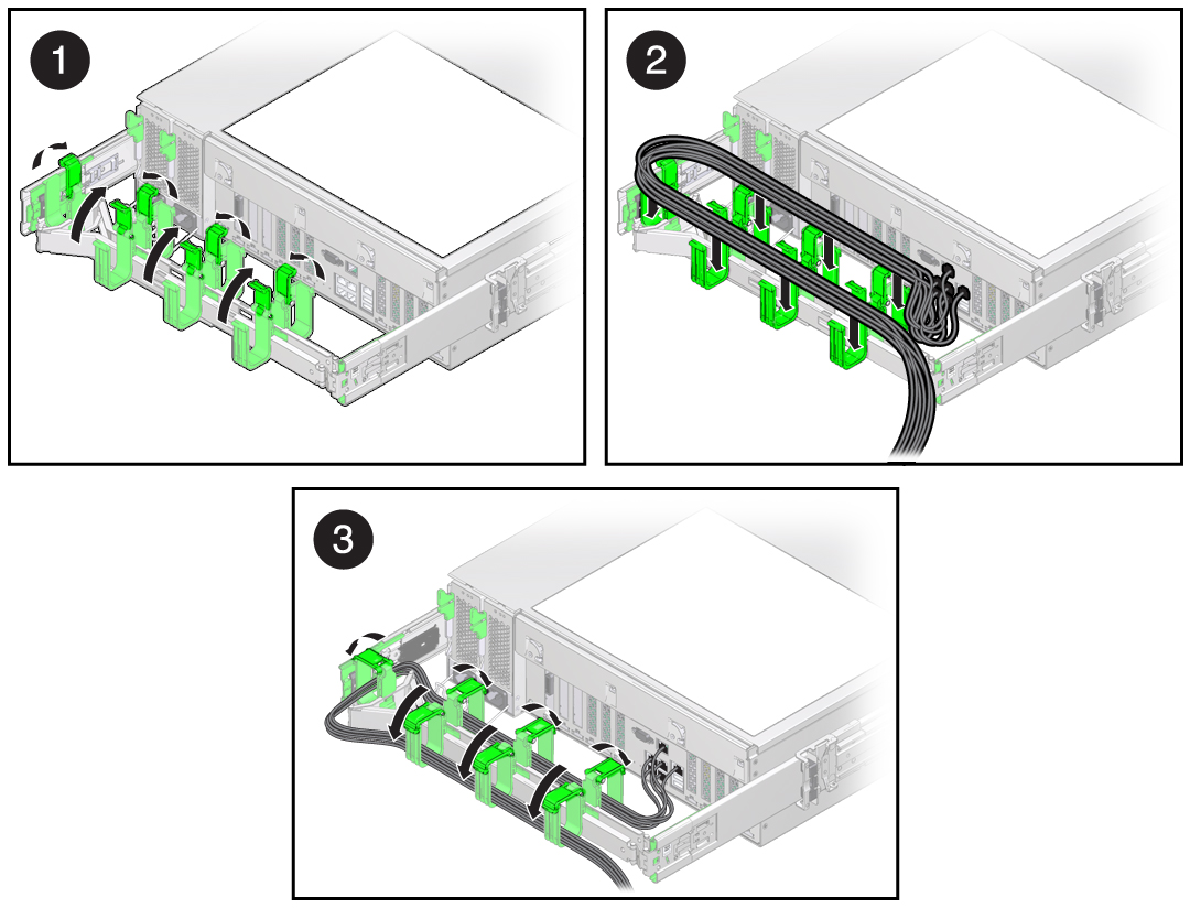 image:Figura en la que se muestra cómo encaminar los cables en el organizador de cables.