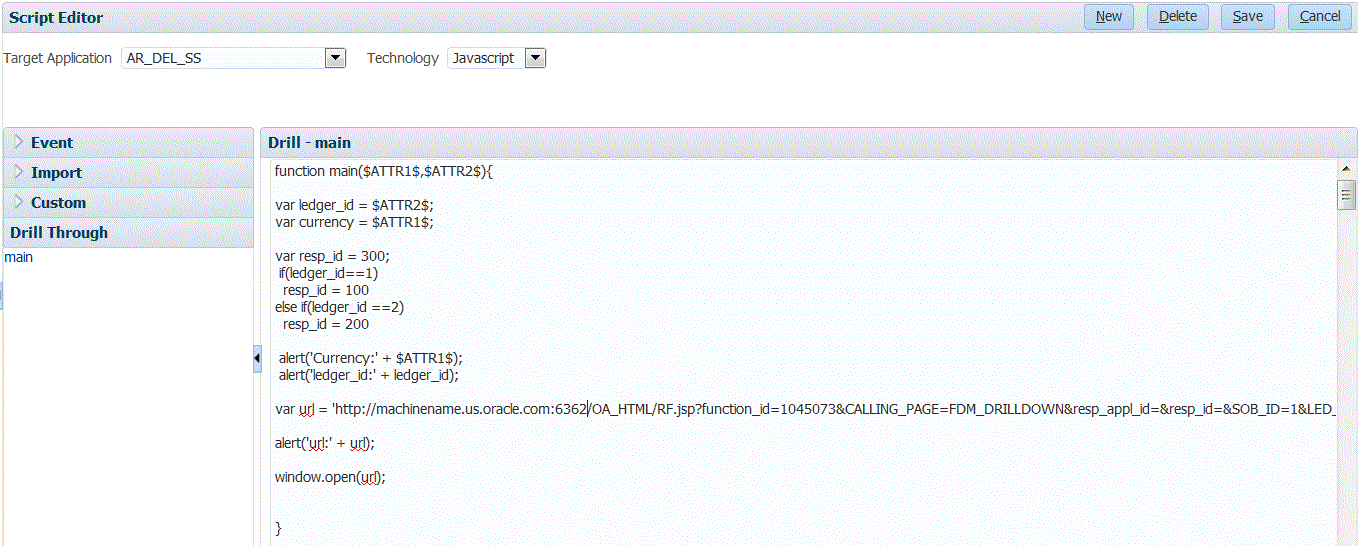 Image shows the JavaScript used in a drill through script.