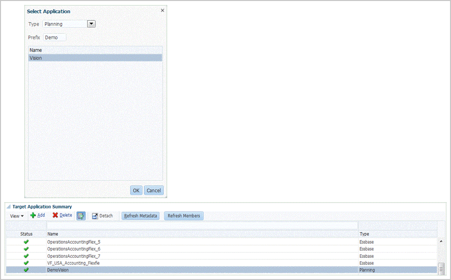 Image shows the Select Application and Target Application screens.