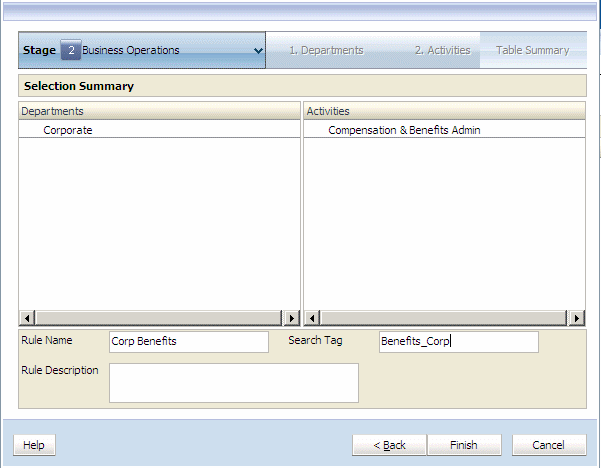 The Assignment Rule Definition Summary table is used to view the rule, and enter the Rule Name, Search Tag and a brief description.