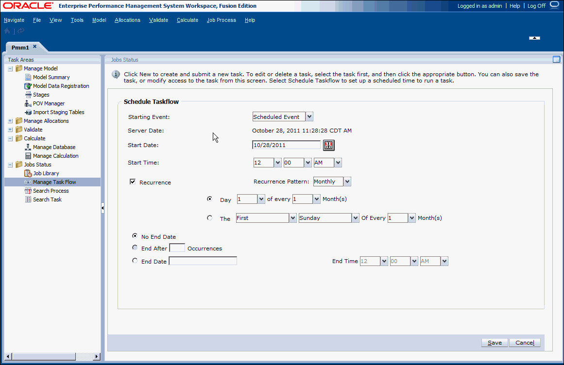 Use the Schedule Taskflow window to select a time and date to run the taskflow.