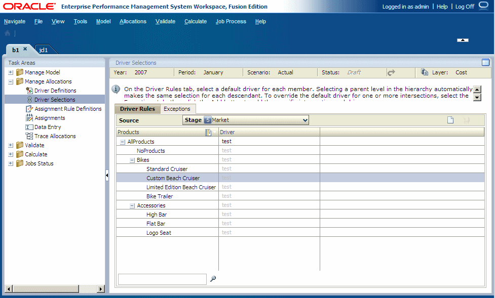 The Driver Selections screen is used to select the dimension members to which the driver applies.