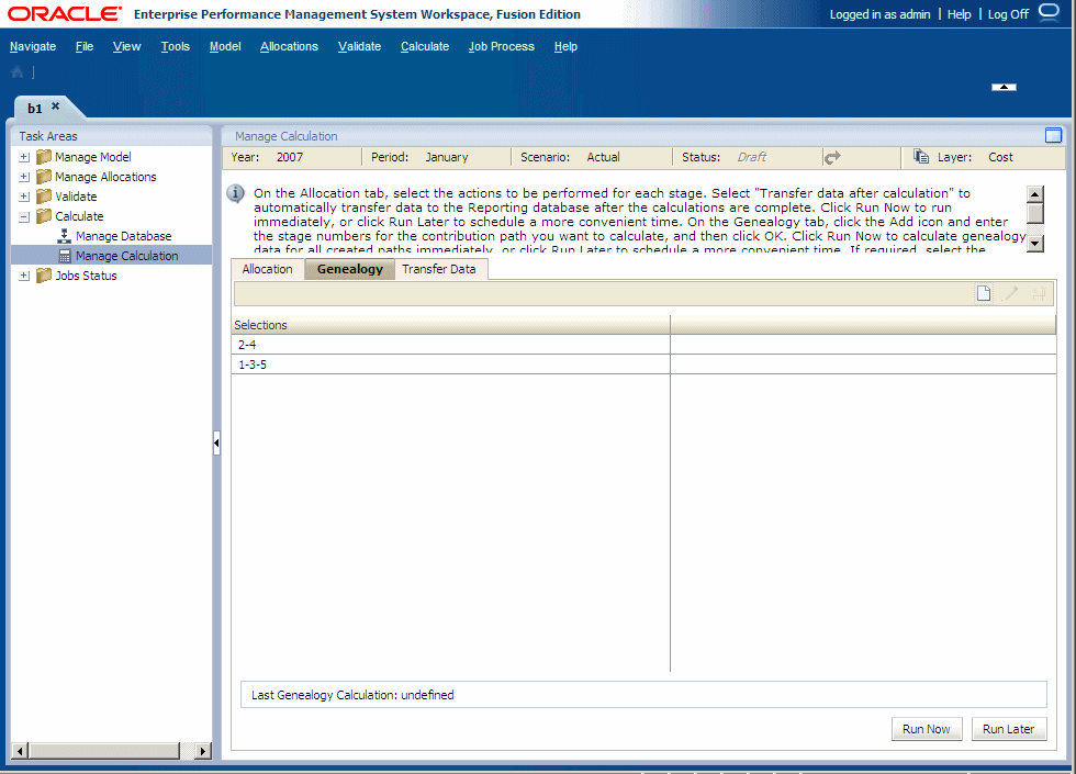 The Genealogy tab of the Manage Calculation screen is used to select the stages to be included in the genealogy calculation.