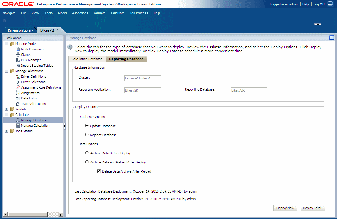 Use the Reporting Database tab of the Manage Database screen to deploy a reporting database.