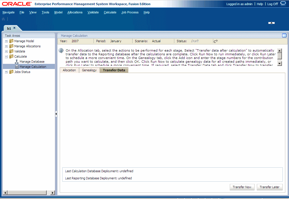 Use the Transfer Data tab to copy the calculated data to the Reporting database.