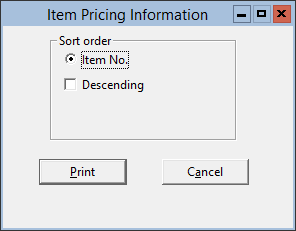 This figure displays the Item Pricing Information 40 Column Report window