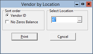 This figure displays the Vendor by Location 40 Column Report window