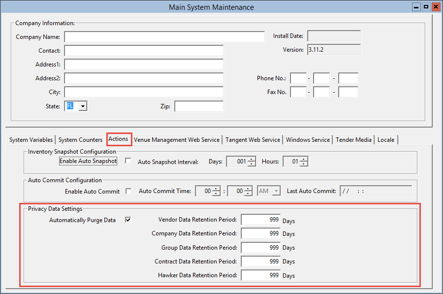 This figure displays the Privacy Data Settings section of the Actions tab within the Main System Maintenance window