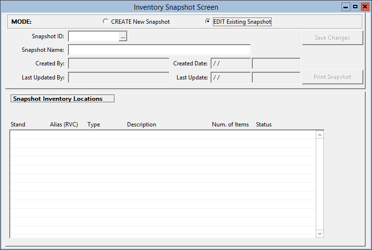 This figure displays the EDIT Existing Snapshot mode of the Inventory Snapshot Screen window