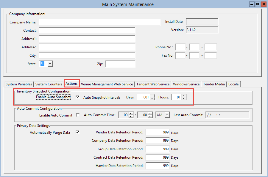 This figure displays the Inventory Snapshot Configuration section on the Actions tab of the Main System Maintenance window