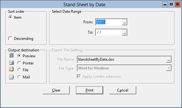 This figure displays the Stand Sheet by Date window