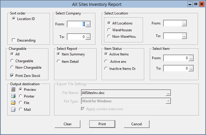 This figure displays the All Sites Inventory Report window.