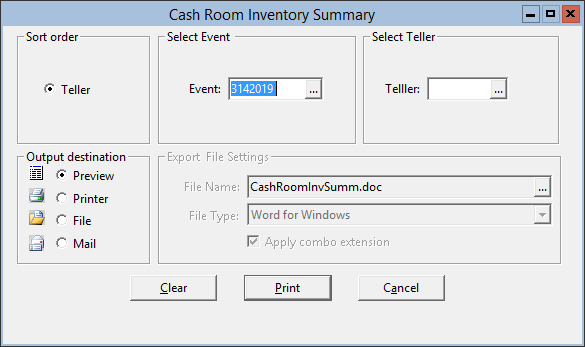 This figure displays the Cash Room Inventory Summary window