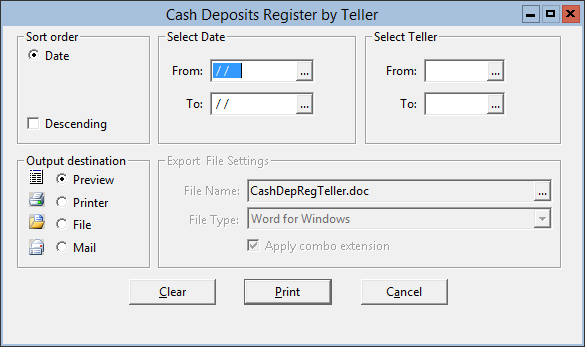 This figure displays the Cash Deposits Register by Teller window