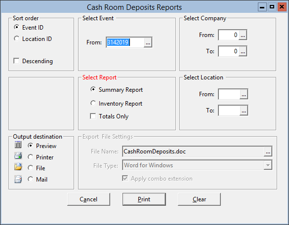 This figure displays the Cash Room Deposits Report window