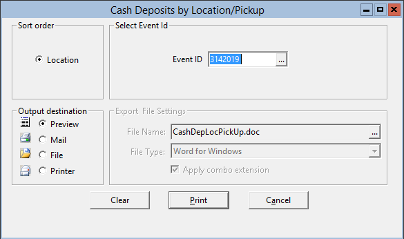 This figure displays the Cash Deposits by Location/Pickup window