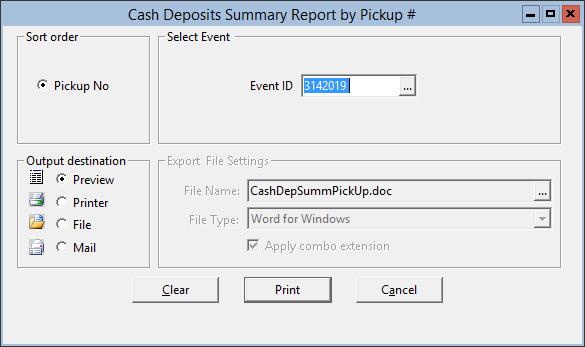 This figure displays the Cash Deposits Summary Report by Pickup # window
