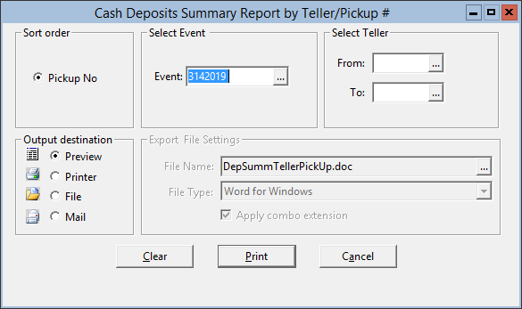 This figure displays the Cash Deposits Summary Report by Teller/Pickup # window