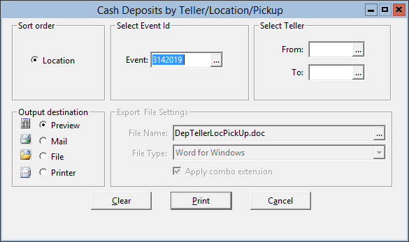 This figure displays the Cash Deposits by Teller/Location/Pickup window