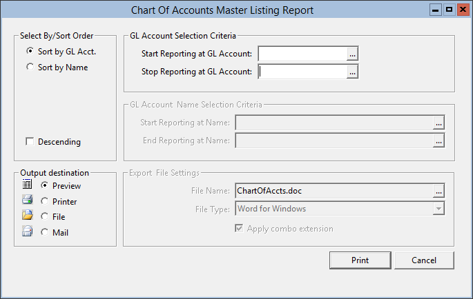 This figure displays the Chart of Accounts Master Listing Report window.