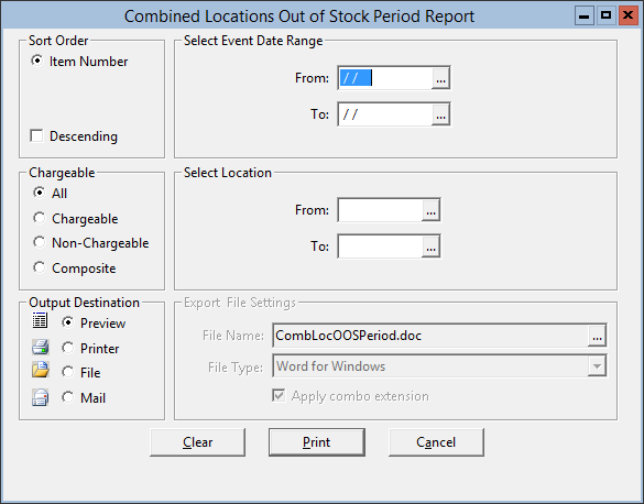 This figure displays the Combined Locations Out of Stock Period Report window