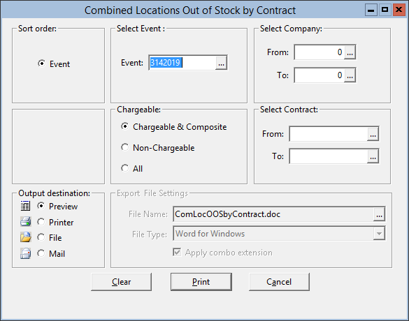 This figure displays the Combined Locations Out of Stock by Contract window.