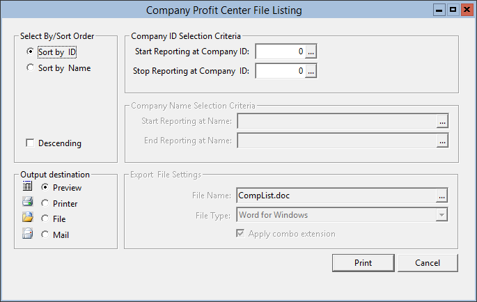 This figure displays the Company Profit Center File Listing window.