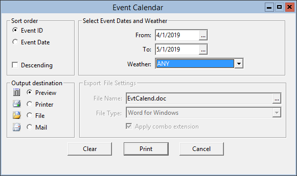 This figure displays the Event Calendar window.