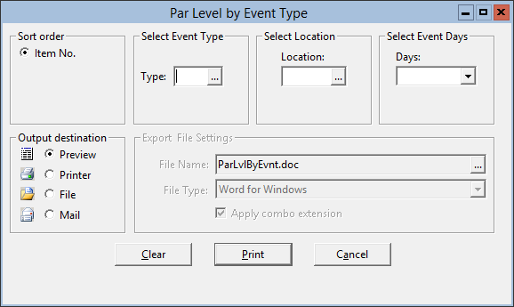 This figure displays the Par Level by Event Type window.