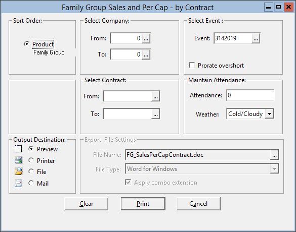This figure displays the Family Group Sales and Per Cap — by Contract window.