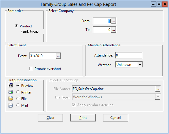 This figure displays the Family Group Sales and Per Cap Report window.
