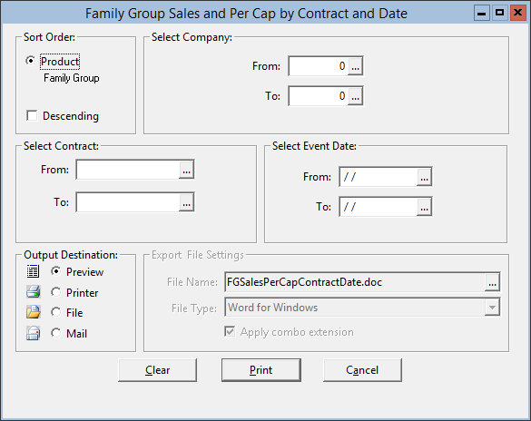 This figure displays the Family Group Sales and Per Cap by Contract and Date window.