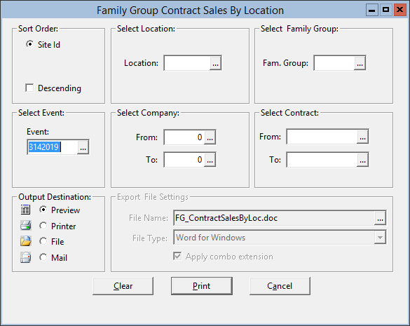 This figure displays the Family Group Contract Sales by Location window.