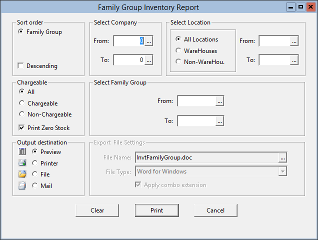 This figure displays the Family Group Inventory Report window.